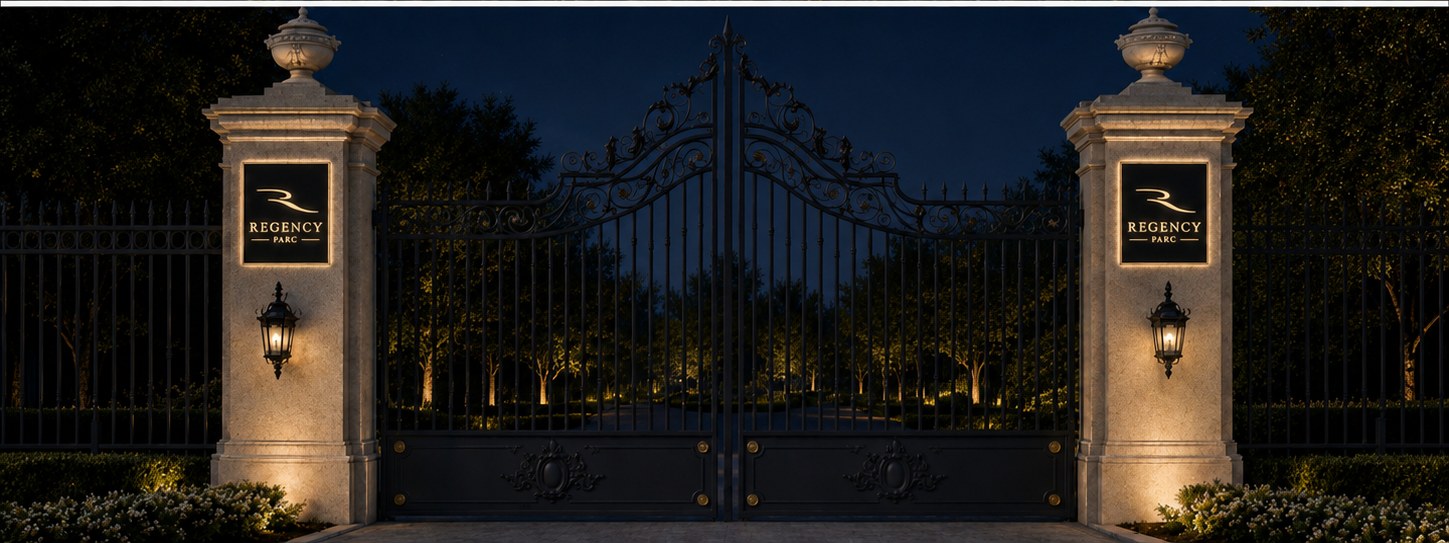 Conceptual Regency Parc entrance gate at night